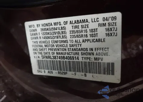 2009 Honda Odyssey Ex-L z USA, uszkodzony, nr VIN 5FNRL38749B406914